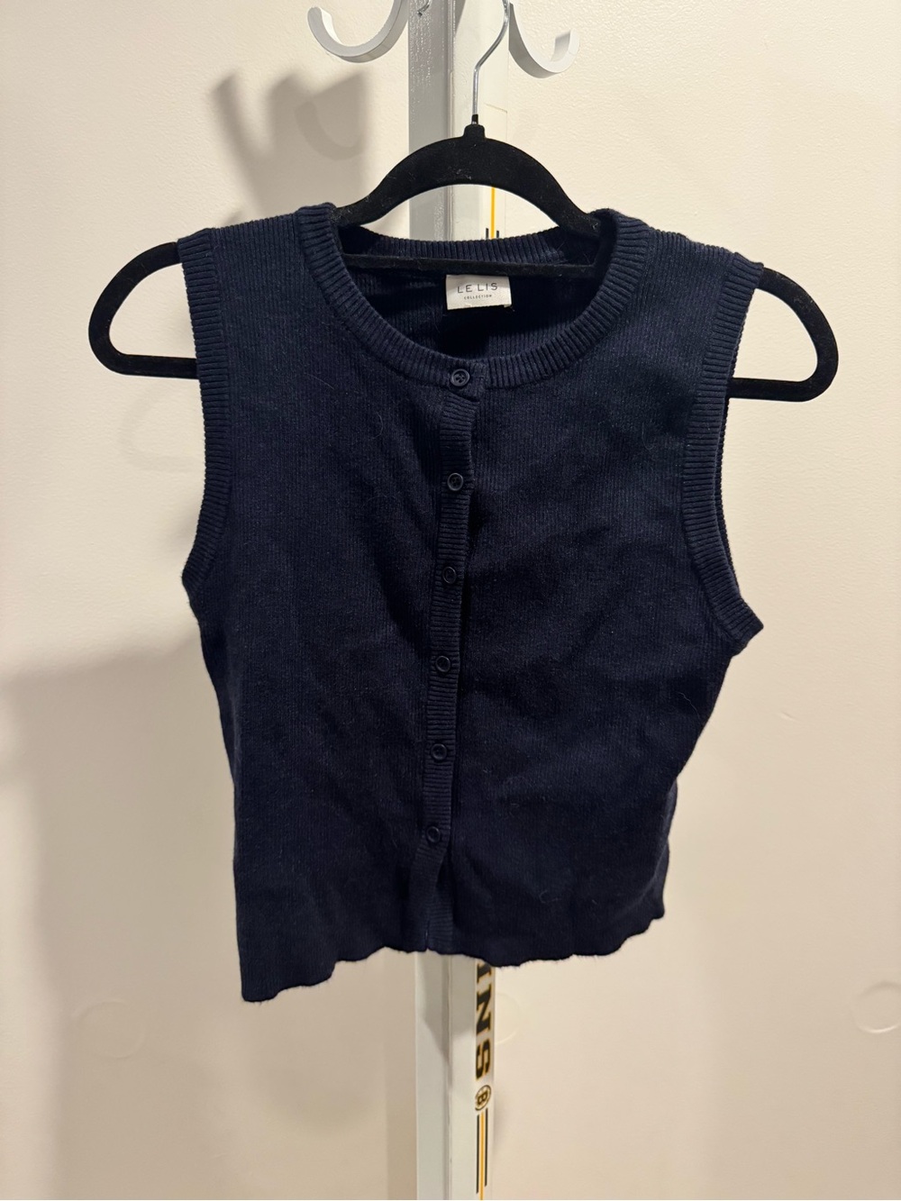 Le Lis Navy Ribbed Button-Front Sleeveless Top